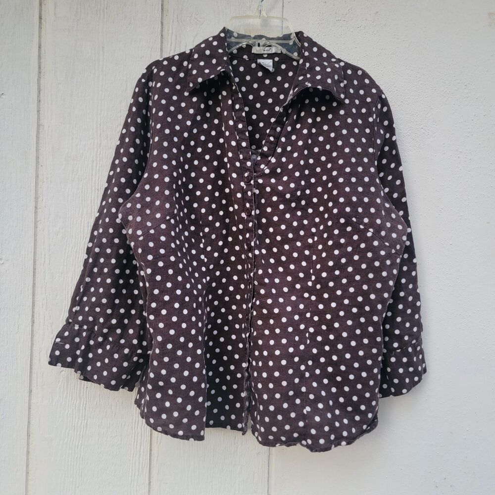 Edward Polka Dot 100% linen button front top  brwn/wht  sz med Lagenlook Artsy